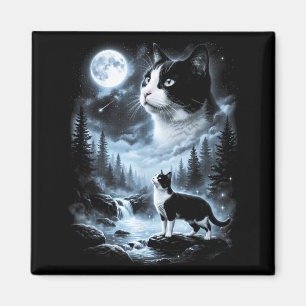 Íman Gato Tuxedo Uivando Para a Lua 90s Retro