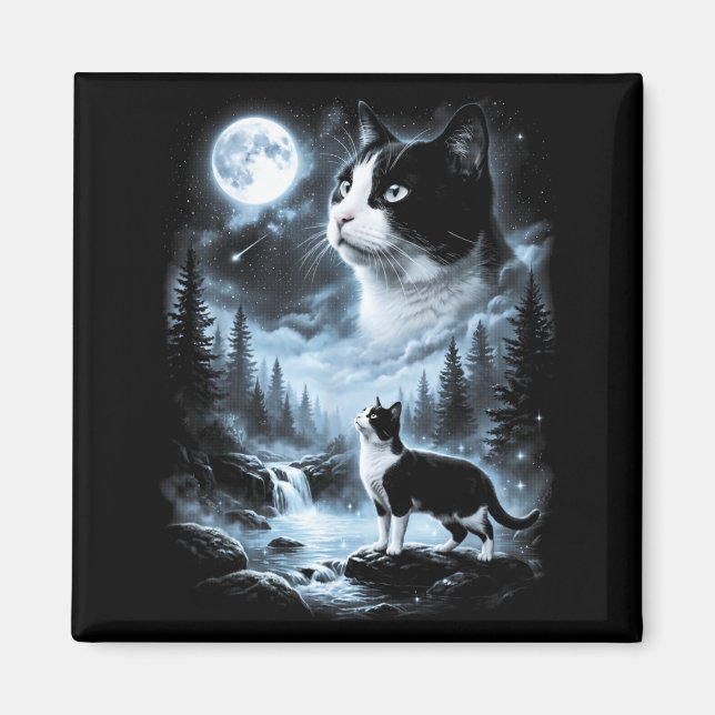 Íman Gato Tuxedo Uivando Para a Lua 90s Retro (Frente)