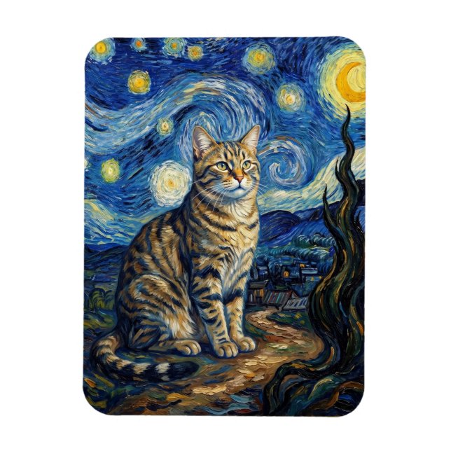 Íman Gato Van Gogh Noite Estrelada Arte Impressionista (Vertical)