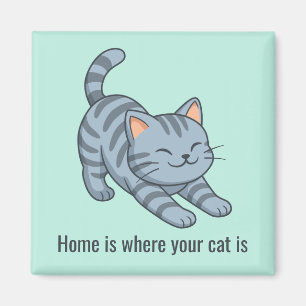Íman Gato Verde Tabby Cinza Esticando Texto Personaliza