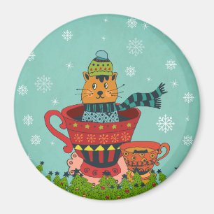 Íman Gato Whimsso Sentado em um Natal Teacup