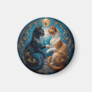 Íman Gatos Celestiais em Arte Cósmica com Ouro e Azul