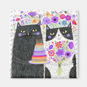 Íman Gatos de Aniversário Caprichosos Buquê Floral