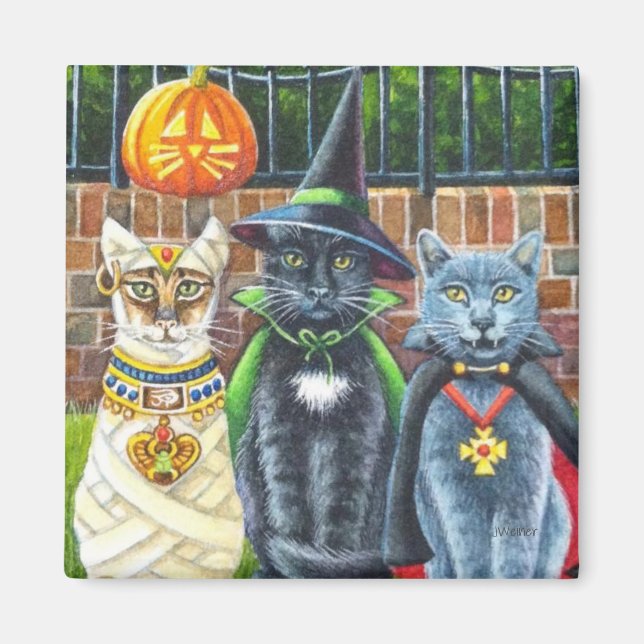 Íman Gatos de Halloween na Costume Watercolor Art (Frente)
