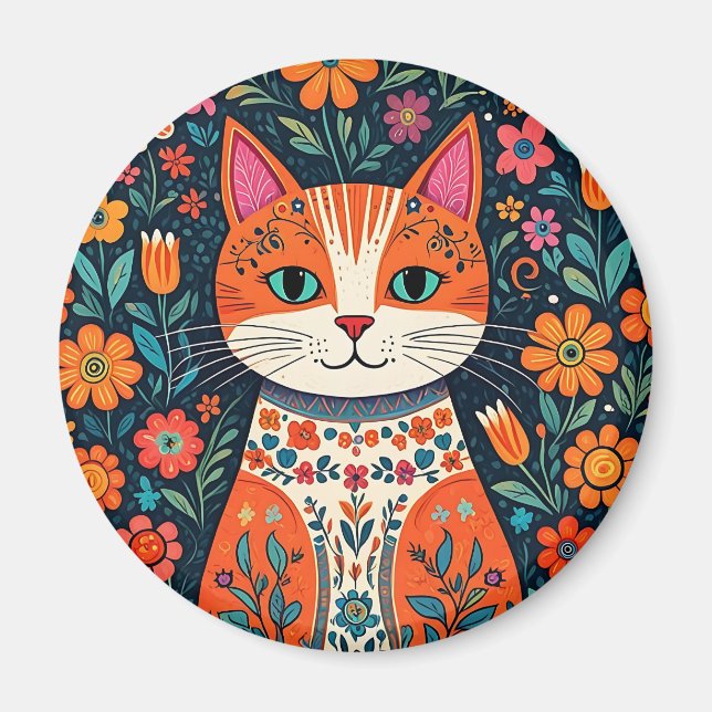 Íman Gatos e Flores de Arte Folical Whimsical (Frente)