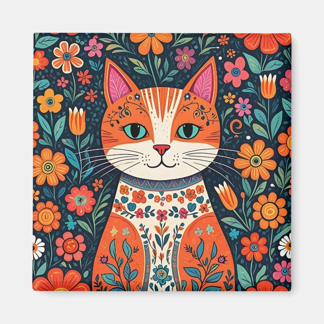 Íman Gatos e Flores de Arte Folical Whimsical (Frente)