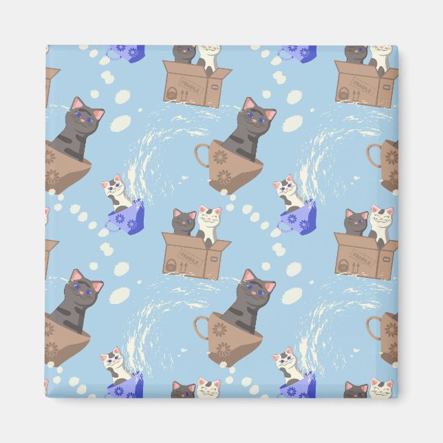 Íman Gatos na caixa e leite cai em azul (Frente)