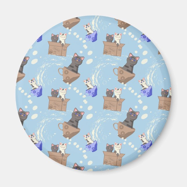 Íman Gatos na caixa e leite cai em azul (Frente)