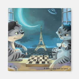 Íman Gatos Torre Eiffel - Ímã Quadrado Noturno 2"