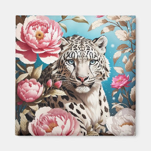 Íman Gaze-Leopardo-Da-Neve Em Greve E Pêonias Rosa
