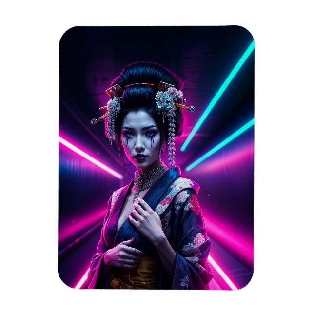 Íman Geisha with Neon Background – Fridge Magnet Art (Vertical)