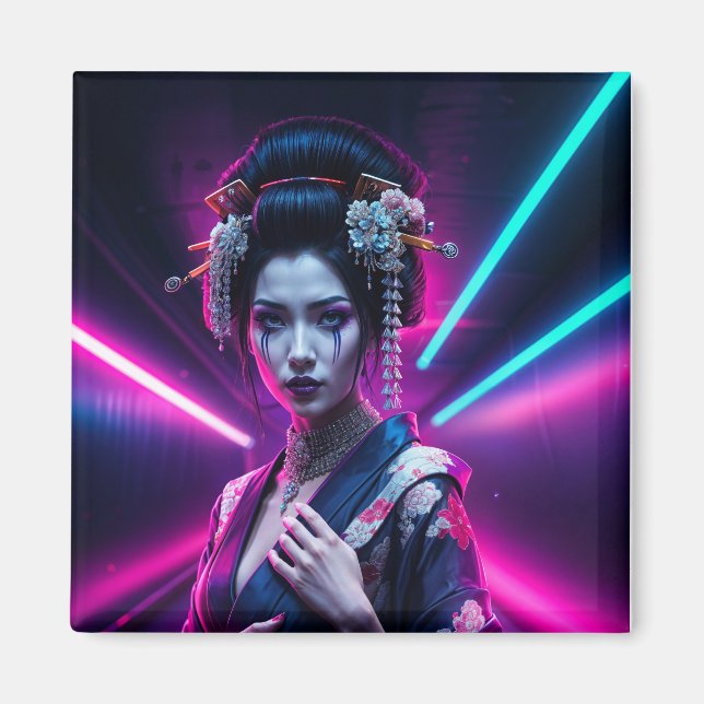 Íman Geisha with Neon Background – Fridge Magnet Art (Frente)