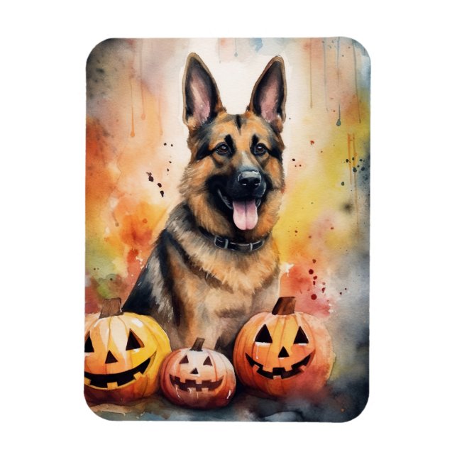 Íman German shepherd De Halloween Com Abóboras Assustad (Vertical)