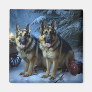 Íman German shepherd Snowy Sleigh Decoração de Natal