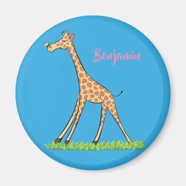 Íman Girafa bonita e feliz com cartoon de borboleta (Frente)