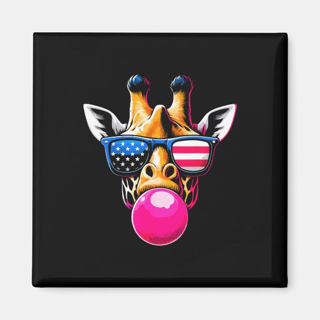Íman Girafa Com Gles Dos Eua E Bubblegum 4 De Julho (Frente)