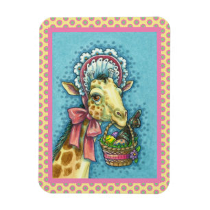 ÍMAN GIRAFFE EM BONNET DE PÁSCOA DE PRIMAVERA, CESTA D