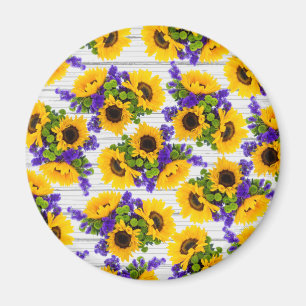Íman Girassol amarelo roxo de madeira branco rústico d