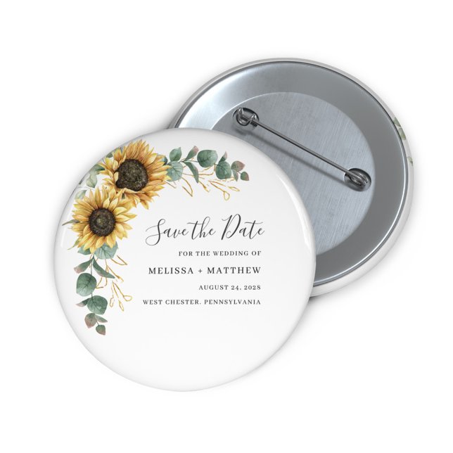 Íman Girassol Eucalyptus Amarelo Floral Salvar a Data (Floral Sunflower Eucalyptus Script Wedding Save the Date Button)
