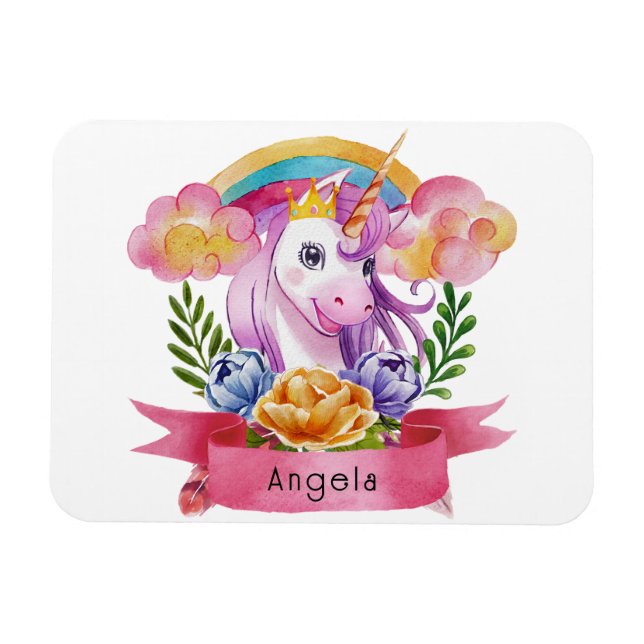 Íman Girls Cute Purple Unicorn Rainbow Nome Personaliza (Horizontal)