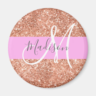 Íman Girly Glam Rosa Dourado Glitter Monograma Nome