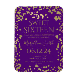 Íman Girly Gold Foil Confetti Sweet 16 Invite Roxo