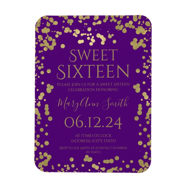 Íman Girly Gold Foil Confetti Sweet 16 Invite Roxo (Vertical)
