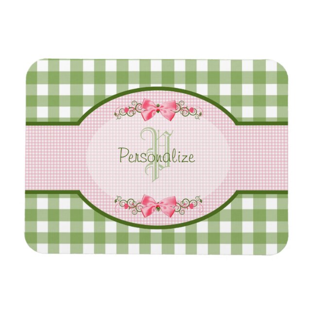 Íman Girly Green Gingham Monograma Com Nome (Horizontal)