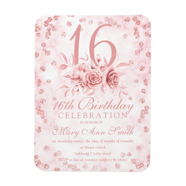 Íman Girly Marble Glitter Rosa Dourado Floral Sweet 16t (Vertical)