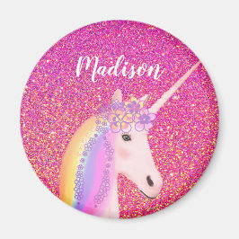 Íman Girly Rainbow Unicorn Pink Glitter Personalizado