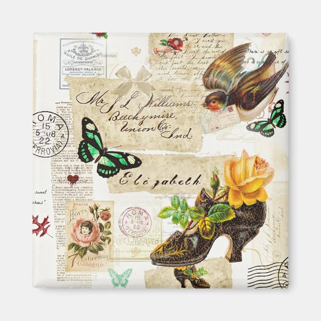 Íman Girly Vintage Ephemera Fashion Collage Com Nome (Frente)