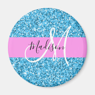 Íman Glam Céu Azul Rosa Brilho Faíscas Nome Monograma