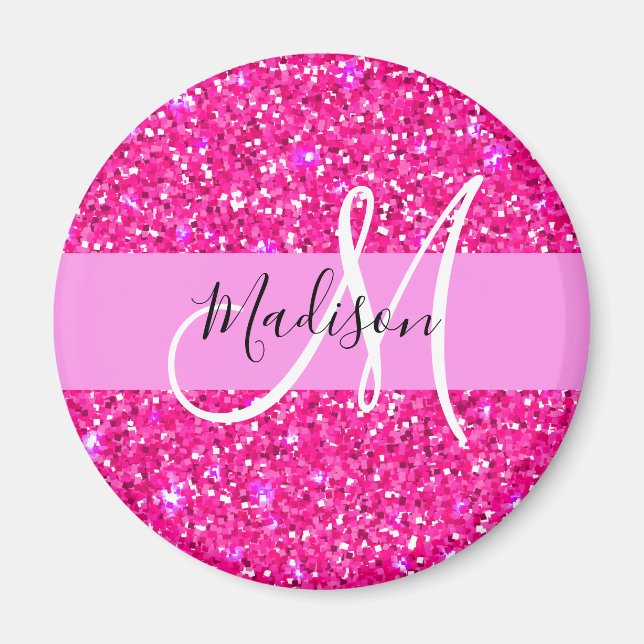Íman Glam Girly Hot Pink Glitter Sparkles Nome Monogram (Frente)