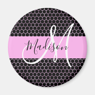 Íman Glam Metalizado Preto Nome Monograma Mel Rosa Favo