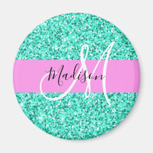 Íman Glam Pink e Aqua Glitter Sparkles Nome do Monogram
