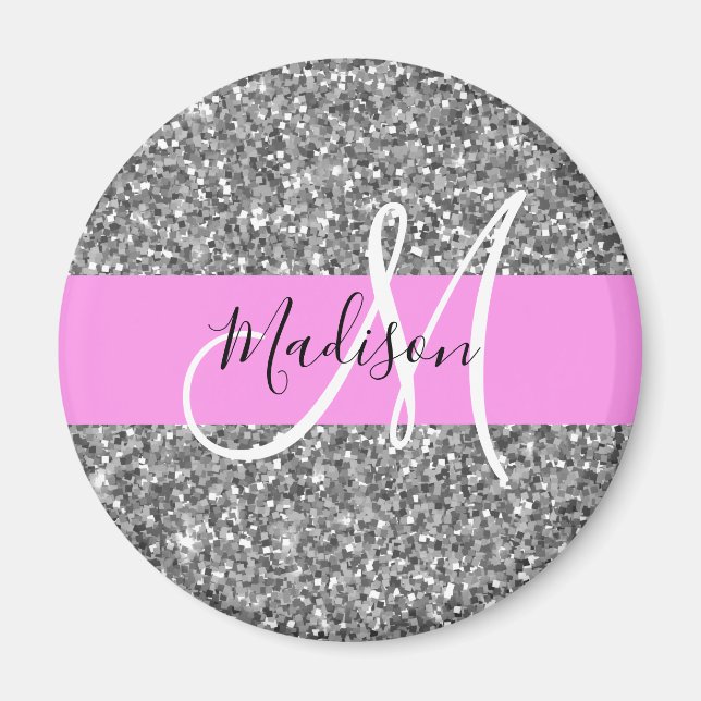 Íman Glam Pink & Silver Glitter Sparkles Nome do Monogr (Frente)