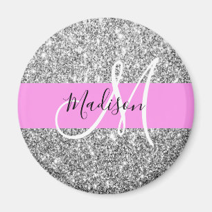 Íman Glam Pink & Silver Glitter Sparkles Nome do Monogr