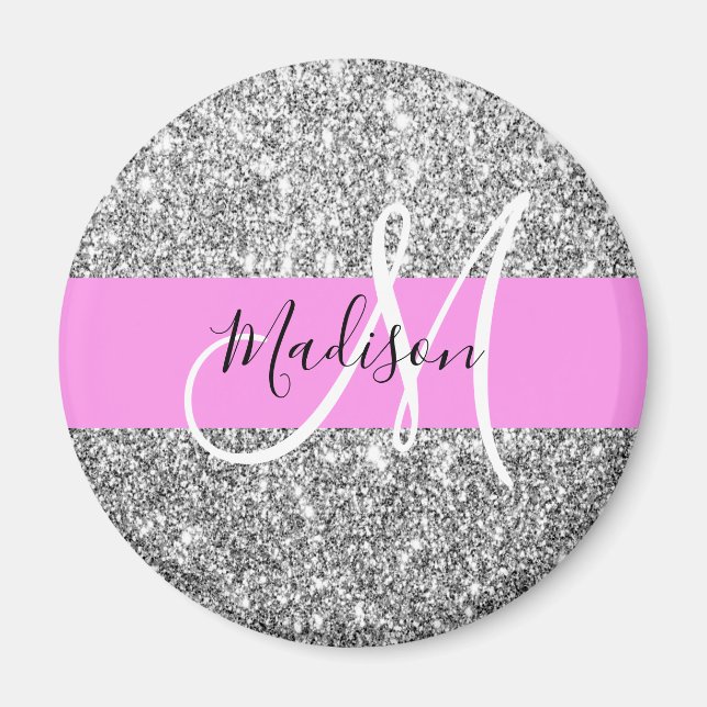 Íman Glam Pink & Silver Glitter Sparkles Nome do Monogr (Frente)