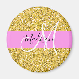 Íman Glam Rosa e Dourado Brilho Faíscas Monograma Nome