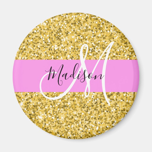 Íman Glam Rosa e Dourado Brilho Faíscas Monograma Nome (Frente)