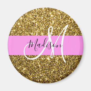 Íman Glam Rosa e Dourado Brilho Faíscas Monograma Nome
