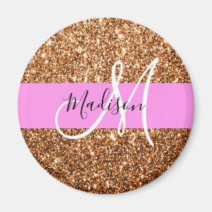 Íman Glam Rosa e Glitter Cobre Faíscas Monograma Nome