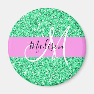 Íman Glam Rosa e Verde Brilho Monograma Nome