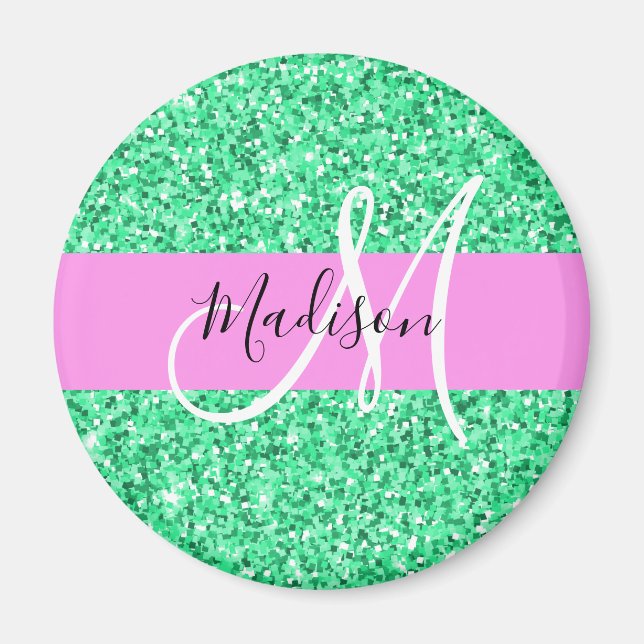 Íman Glam Rosa e Verde Brilho Monograma Nome (Frente)