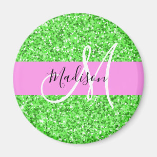 Íman Glam Rosa e Verde Brilho Monograma Nome