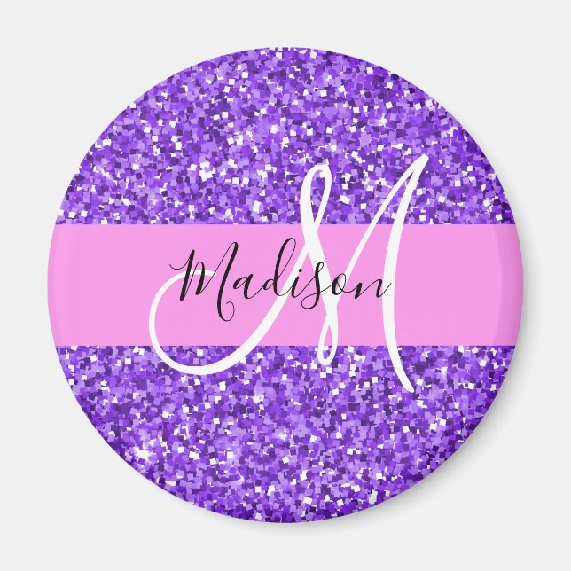 Íman Glam Roxo & Brilho Glitter Monograma Nome (Frente)