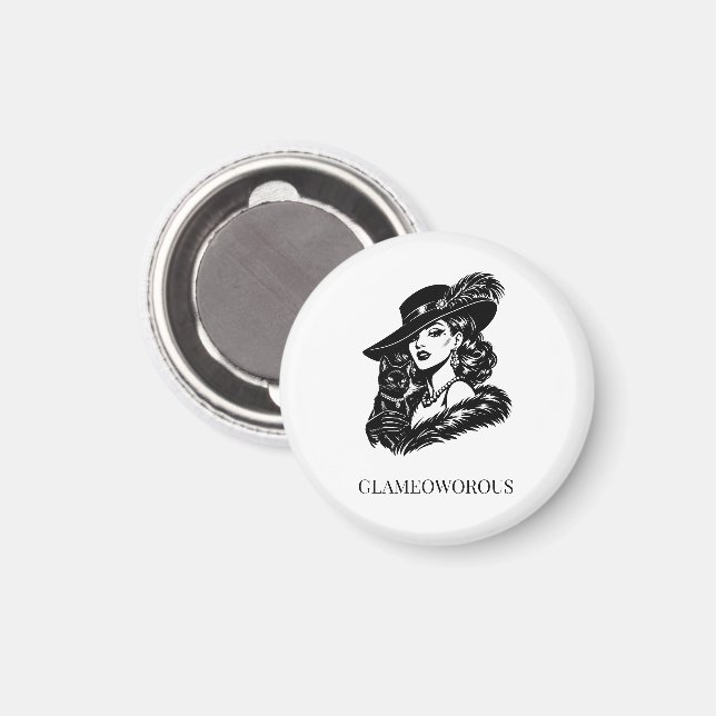 Íman Glam Woman with Cat Fashion Illustration (Front/Back)