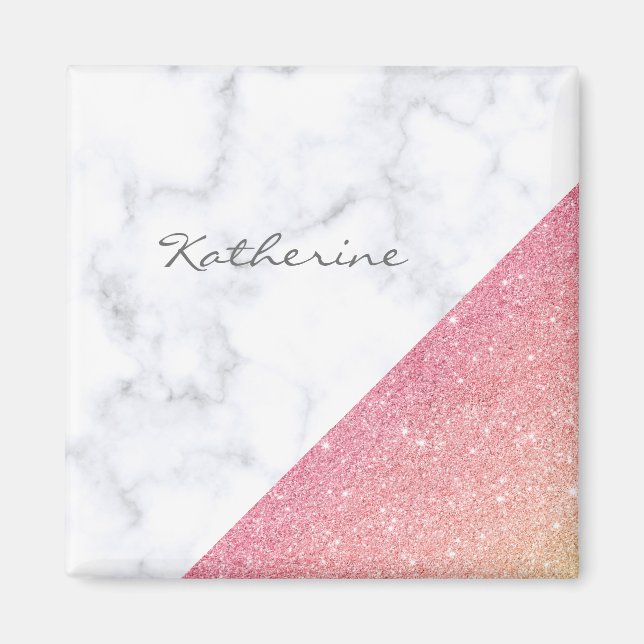 Íman Glitor de rosa de mármore geométrico elegante (Frente)