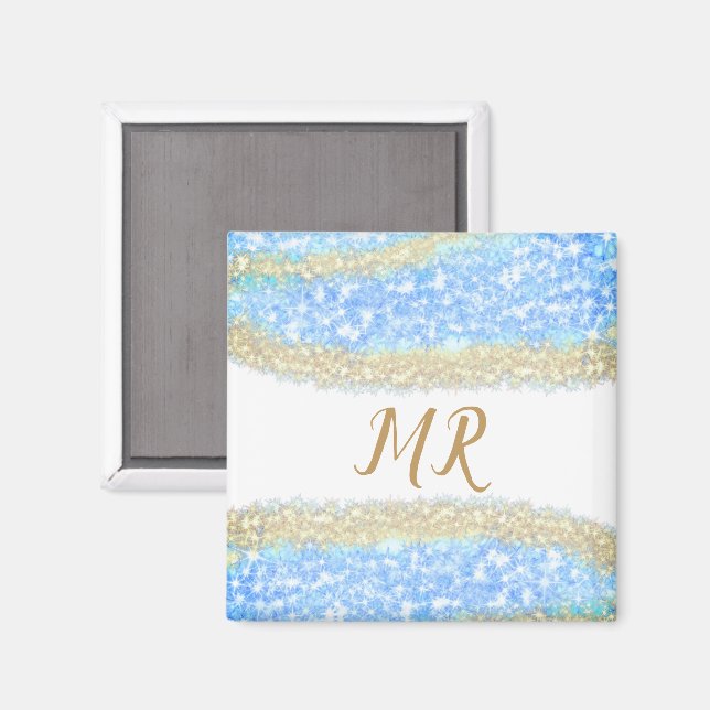 Íman glitter dourado azul glitter glitter nome monogram (Front/Back)