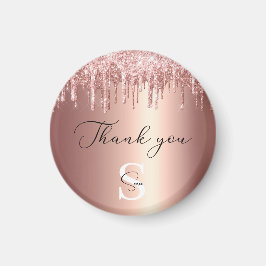 Íman Glitter Dourado com Rosa monogramas Obrigado